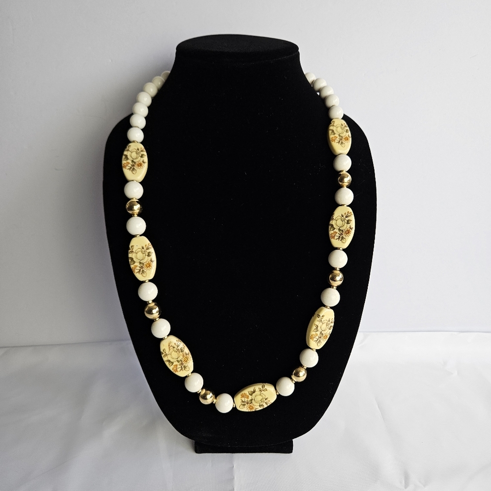 Vintage Japanese Hand-Painted Floral Bead Necklace – 28” Long